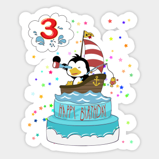 3rd  Birthday Penguin with a boat Sticker